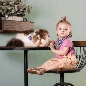 bebê com babador de animal print oncinha colorida, combinando com a bandana do seu gato.