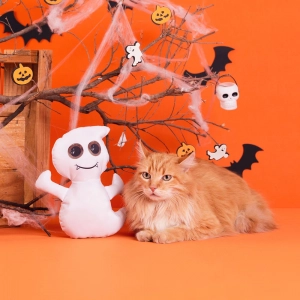 gato junto com um brinquedo temático de hallowen em formato de fantasma