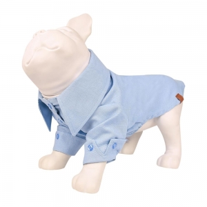 camisa azul pet vestida em manequim de cachorro