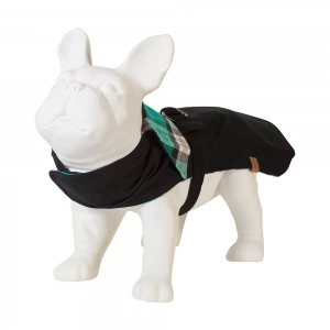 casaco  preto com gola xadrez para cachorro vestido em manequim de cachorro