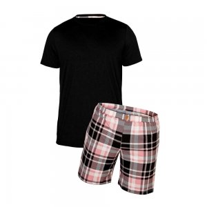 pijama masculino lulli para humanos camiseta preta e short xadrez rosa