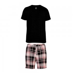 pijama masculino lulli para humanos camiseta preta e short xadrez rosa