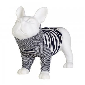 camiseta listrada gola alta branco e azul para galgo whippet vestida em manequim de cachorro 